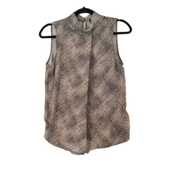 Worth New York Sleeveless Pleated Silk Blouse Size 4 Brown & Cream Career Flowy - Picture 1 of 8